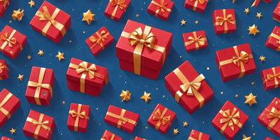 The primary subject of the image is a collection of red gift boxes with gold ribbons and bows. These boxes are arranged in a pattern, covering the entire image. The setting is a blue background, which contrasts with the red and gold colors of the gift boxes. The visual style is a combination of digital art and illustration, creating a festive and celebratory atmosphere.